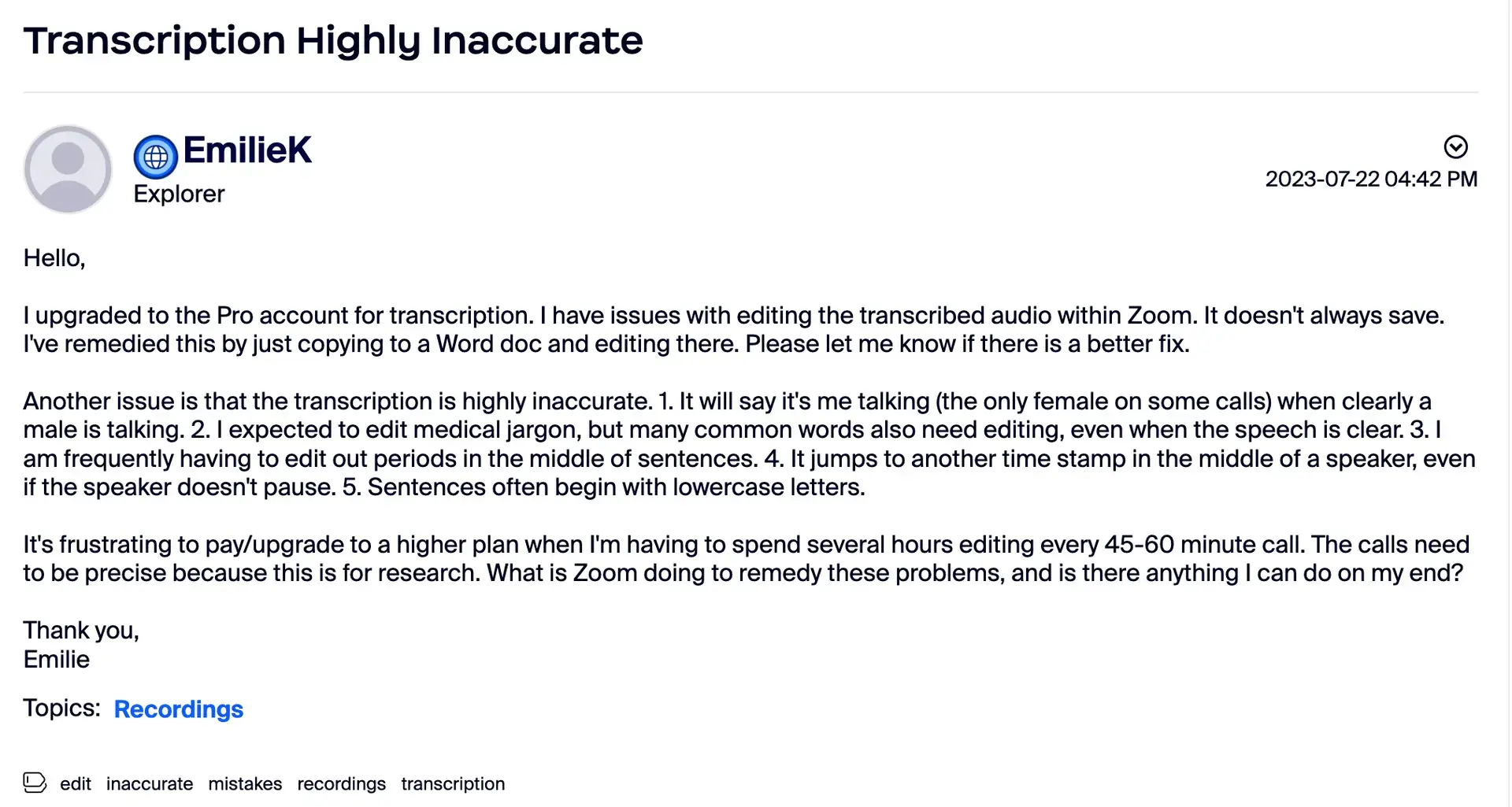 Zoom native transcription review